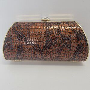 Reptile Print Rhinestone Closure Gold Hardware Evening Party Clutch Purse 7x2x4